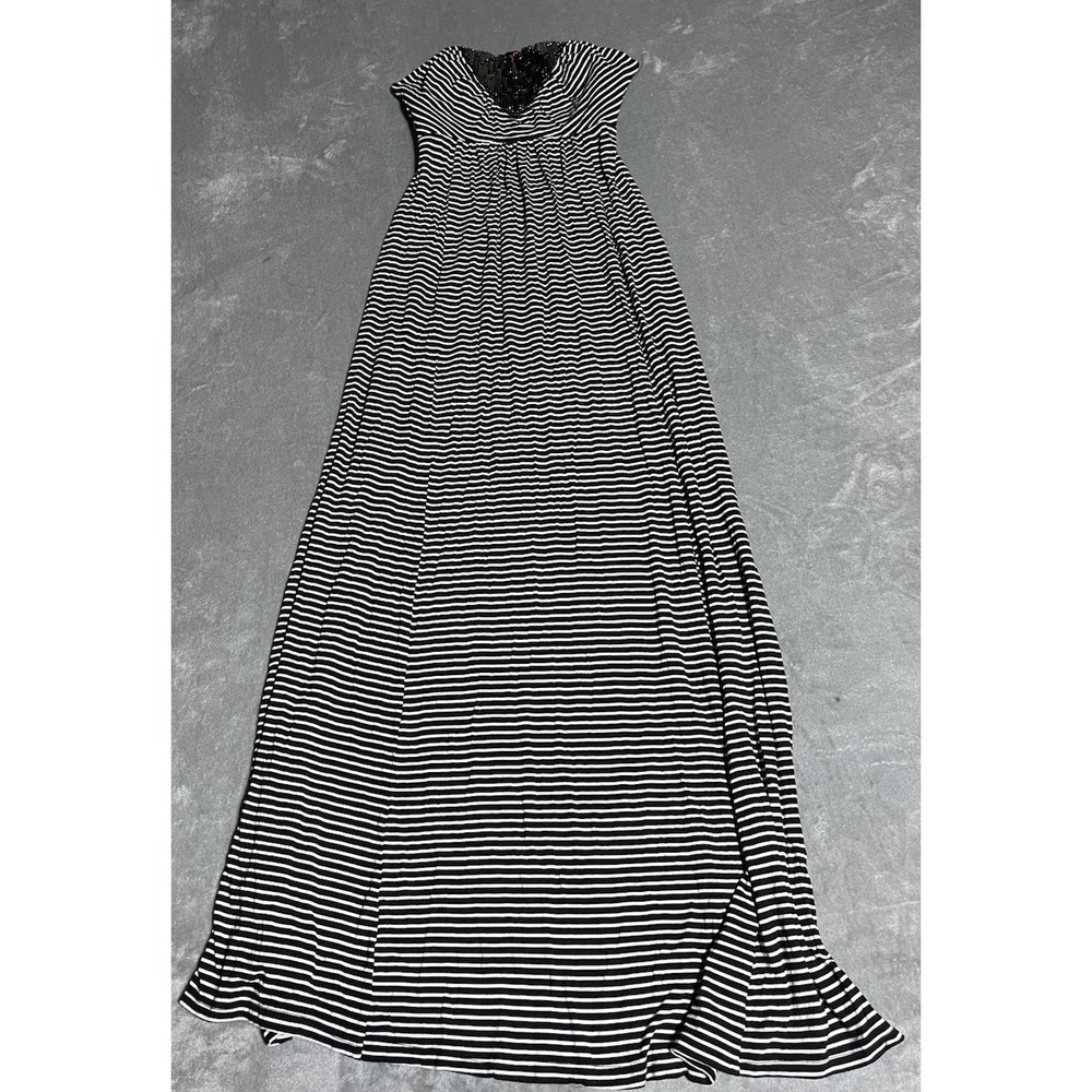 Y2K Bebe Maxi Dress Womens Small Strapless Black White Striped 2B Long Open Back